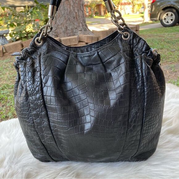 MICHAEL KORS Black Croc Embossed Chain Tote Shoulder Bag Bedford Selma Raven - Picture 6 of 11